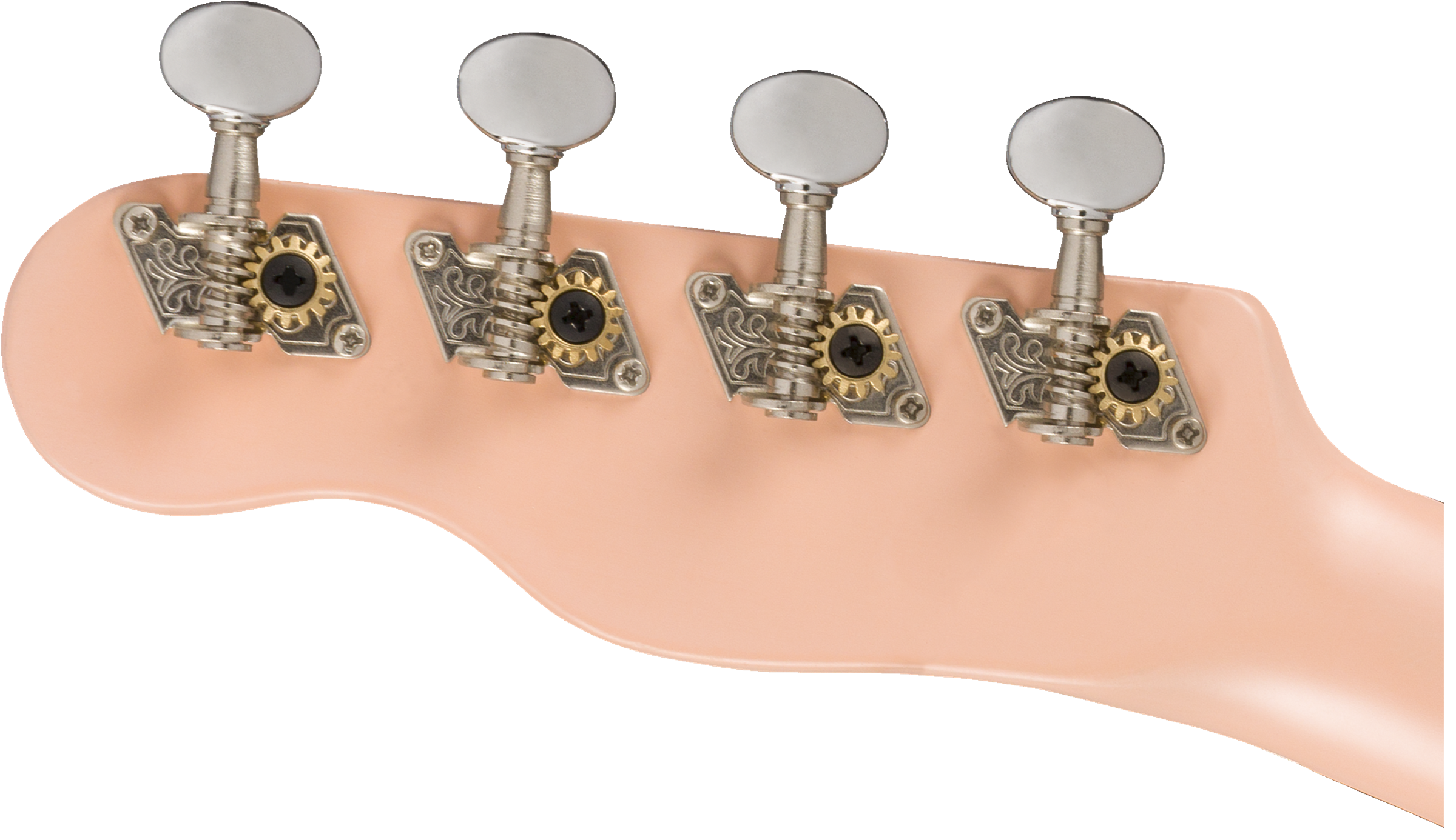 Four silver tuning pegs with decorative metal gears attached to a light pink ukulele headstock.