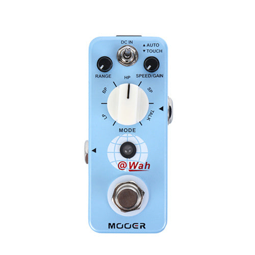 Light blue Mooer effects pedal with a large white mode knob, two black switches for range and speed/gain, and a metallic footswitch at the bottom.