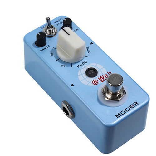 Light blue Mooer effects pedal with a large white knob, black toggle switch, and a footswitch marked "@Wah" on the top panel.