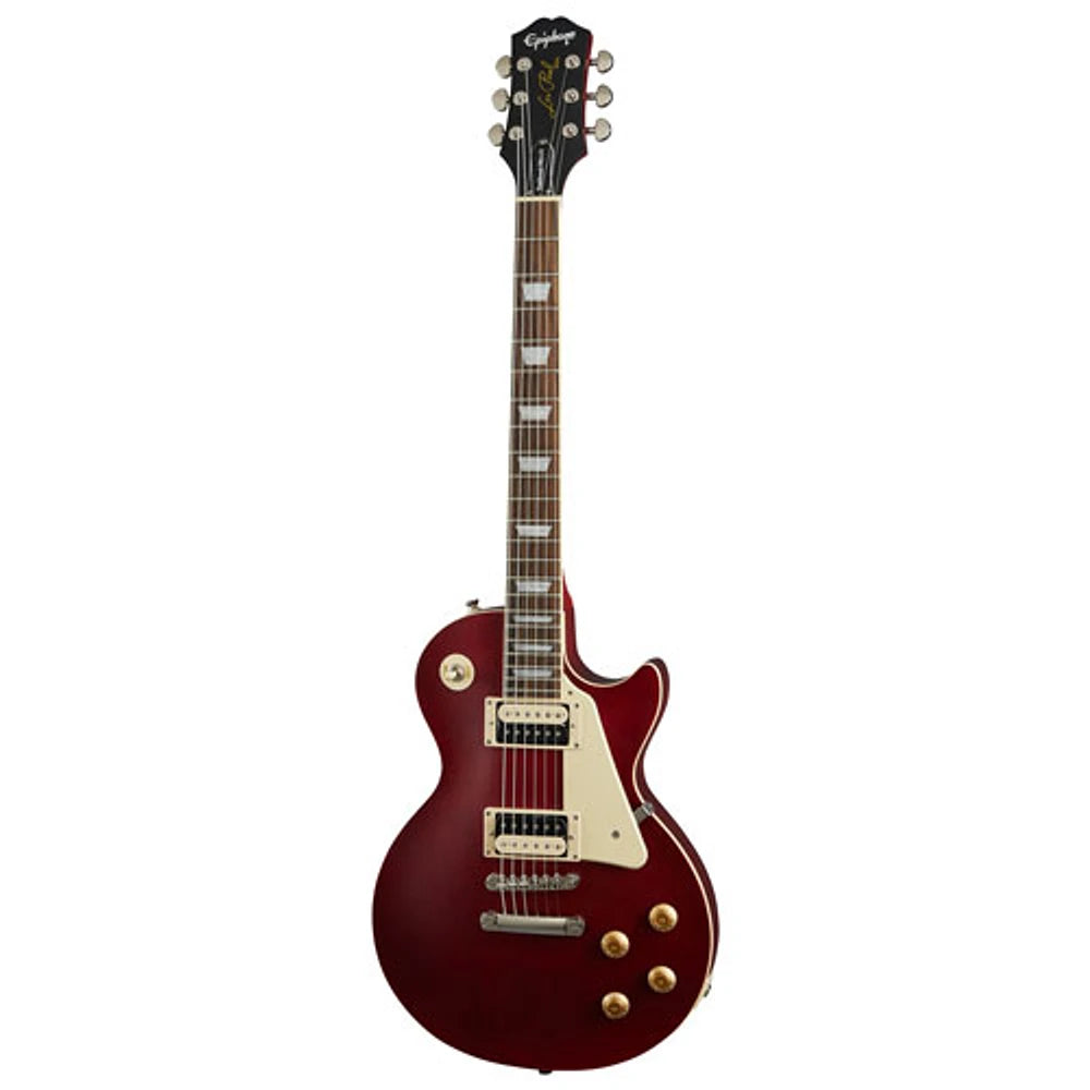Red Epiphone Les Paul electric guitar with two humbucker pickups, cream pickguard, four gold knobs, and trapezoid inlays on the fretboard.
