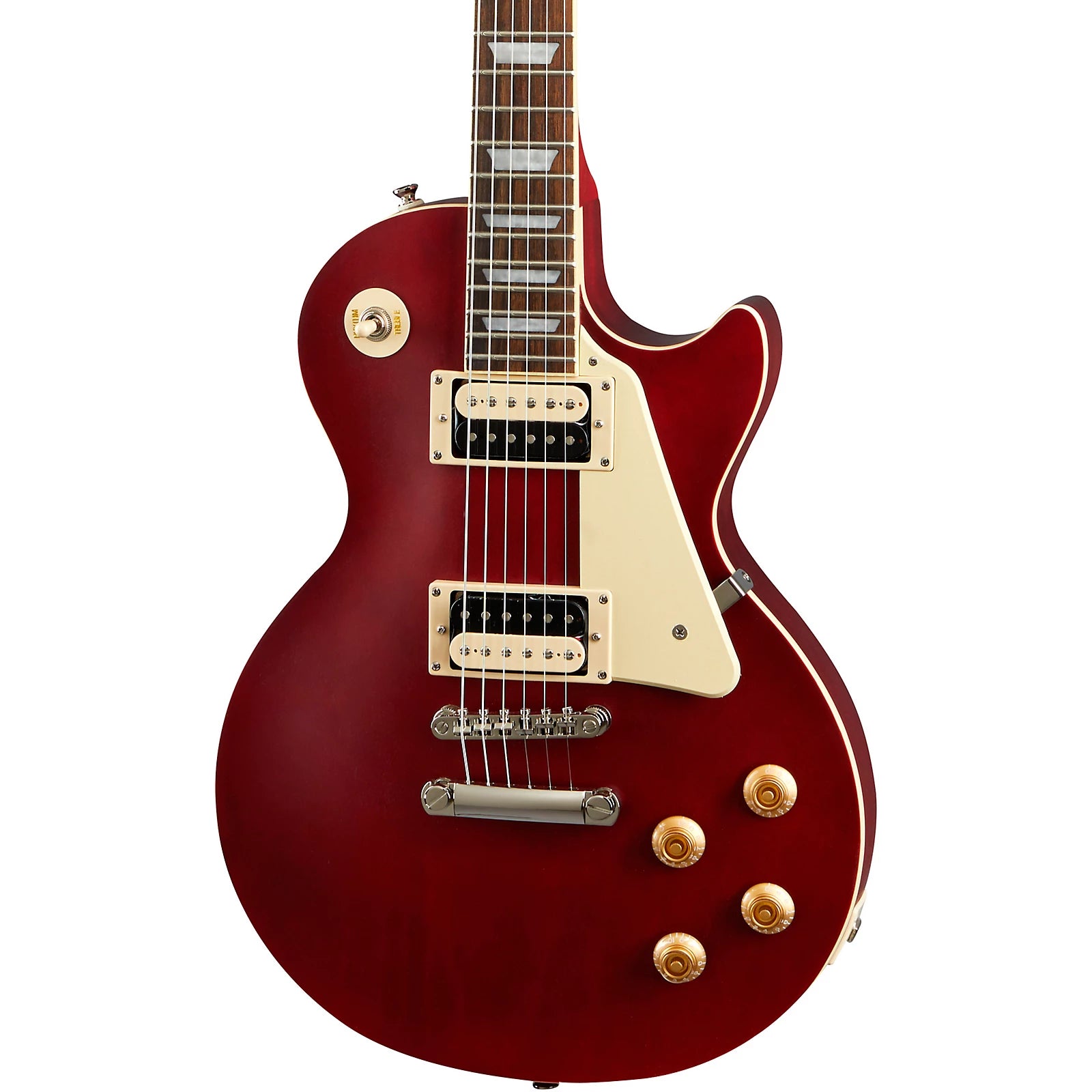 Red electric guitar with a single cutaway body, cream pickguard, two humbucker pickups, four gold control knobs, and a three-way switch.