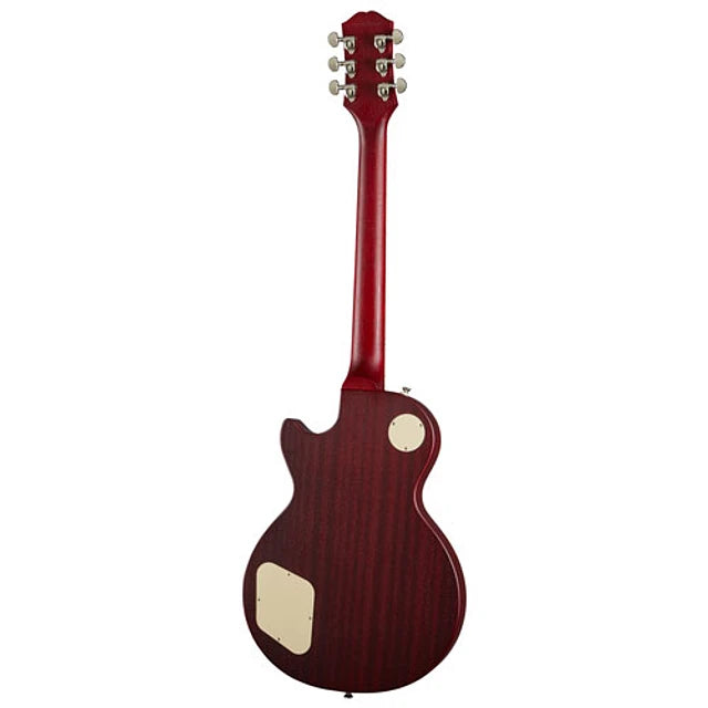 Back view of a single-cutaway electric guitar with a dark red wood finish and two cream-colored access panels on the body.