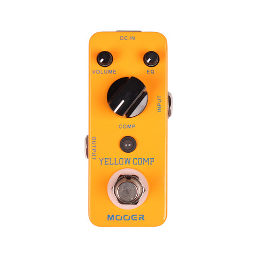 Bright yellow Mooer Yellow Comp FX pedal with three black knobs labeled Volume, EQ, Comp, one footswitch, and input-output jacks on the sides.