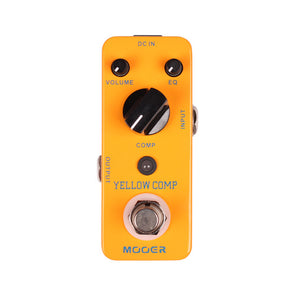 Bright yellow Mooer Yellow Comp FX pedal with three black knobs labeled Volume, EQ, Comp, one footswitch, and input-output jacks on the sides.