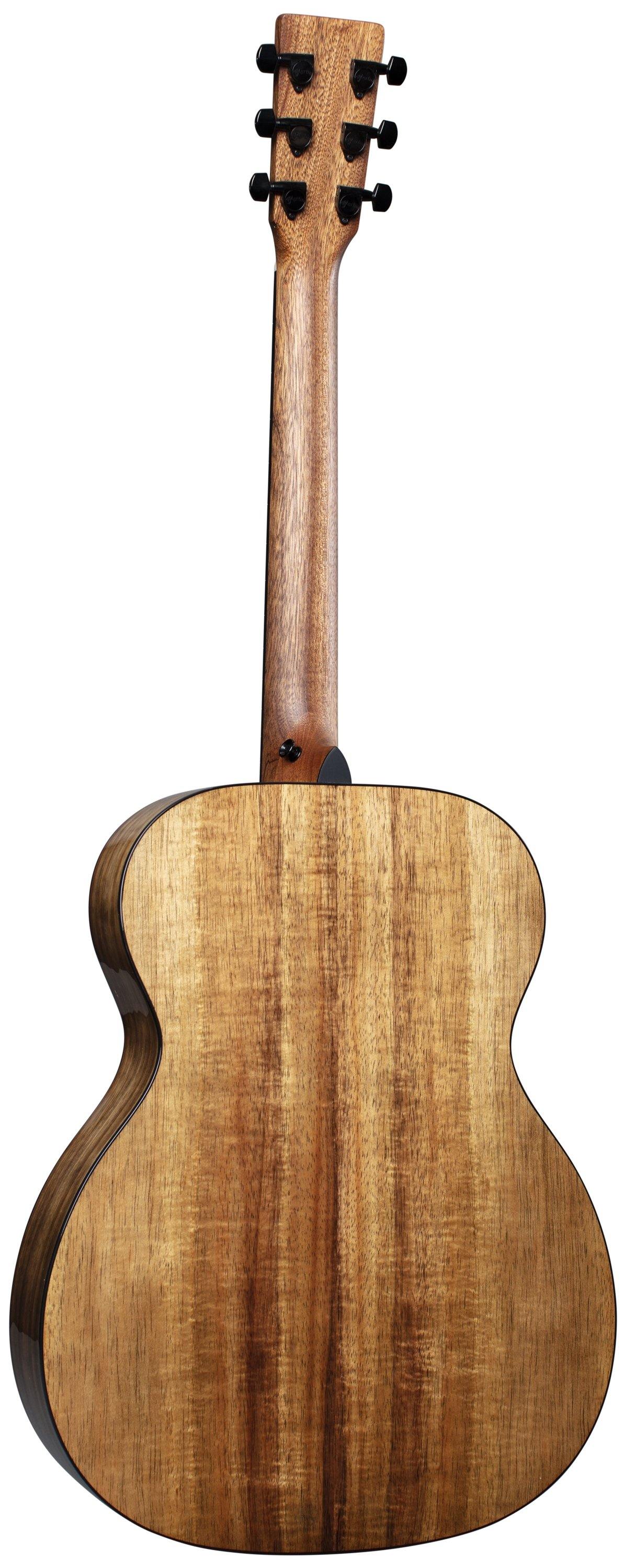 Back view of an acoustic guitar showing natural wood grain, dark brown tuning pegs, and a glossy finish on the body.