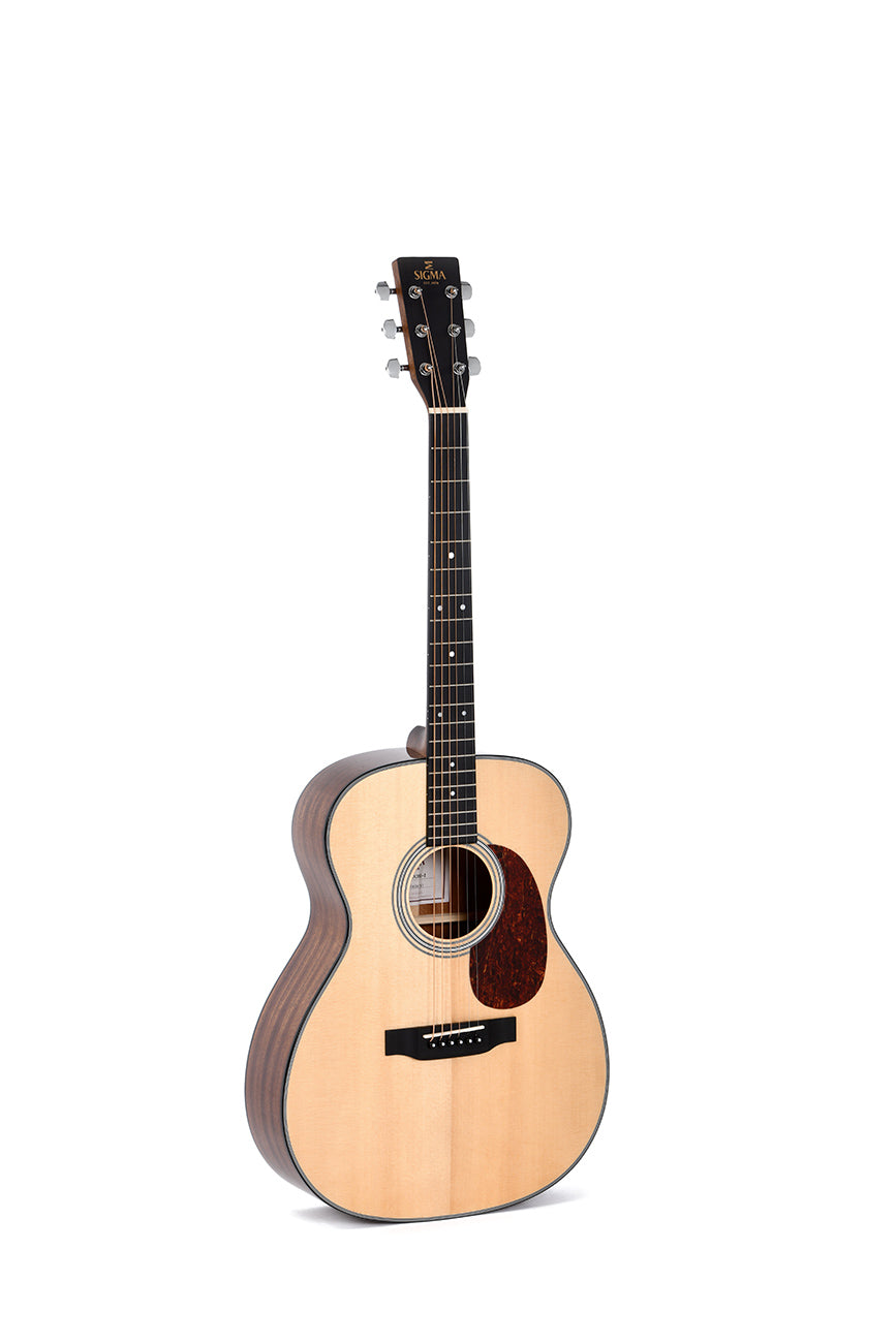 Sigma acoustic guitar with a light wood top, dark wood sides, six strings, and a brown pickguard below the sound hole.