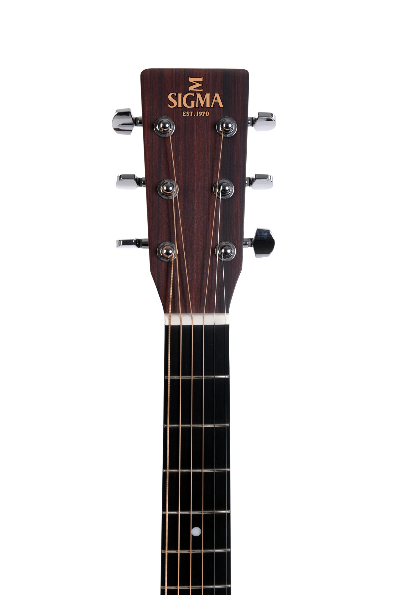 Six-string acoustic guitar headstock with SIGMA EST. 1970 logo, chrome tuners, dark wood finish, and part of the fingerboard with fret markers visible.