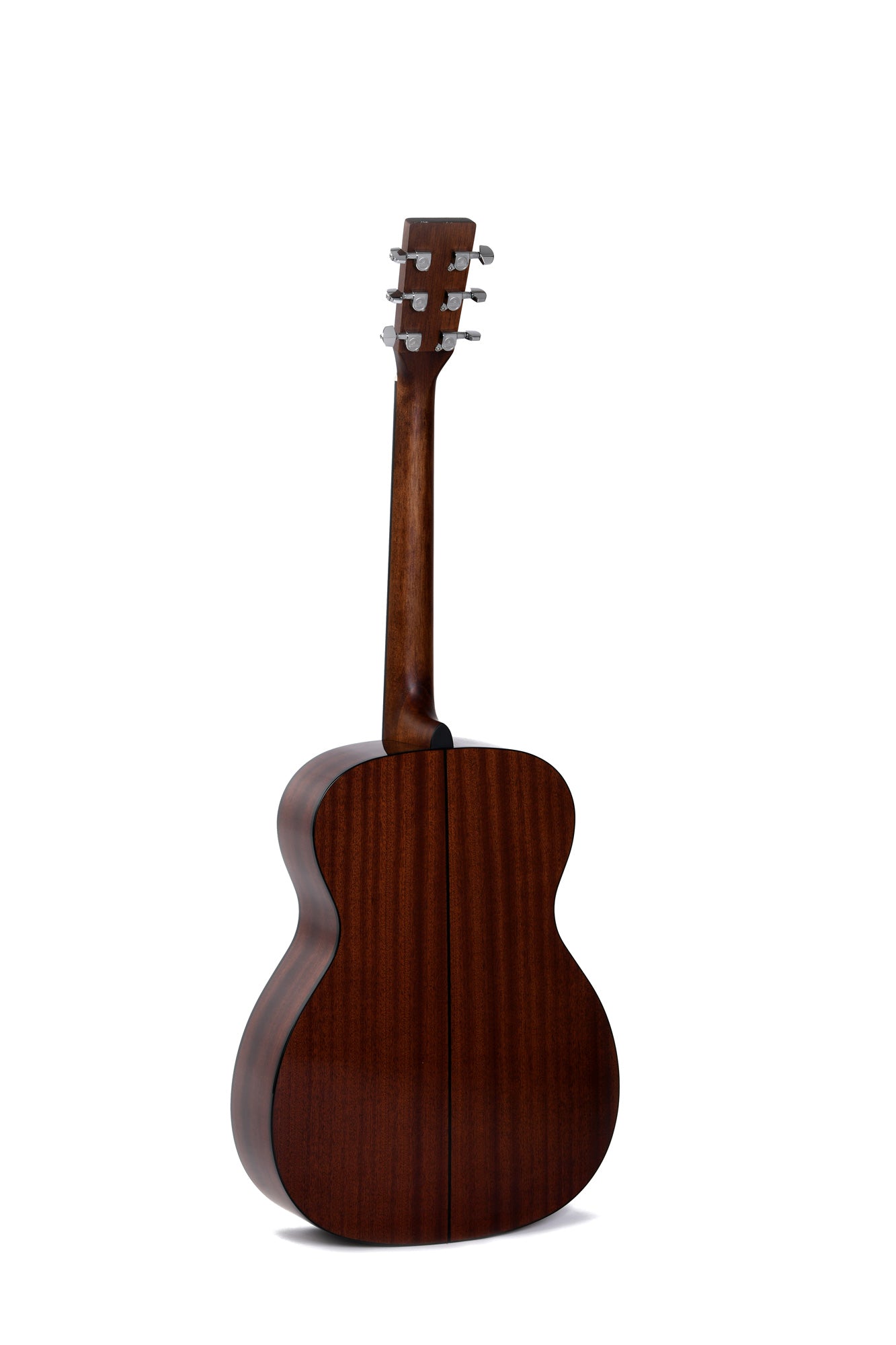 Acoustic guitar shown from the back, featuring a smooth dark brown wood finish and silver tuning pegs on the headstock.