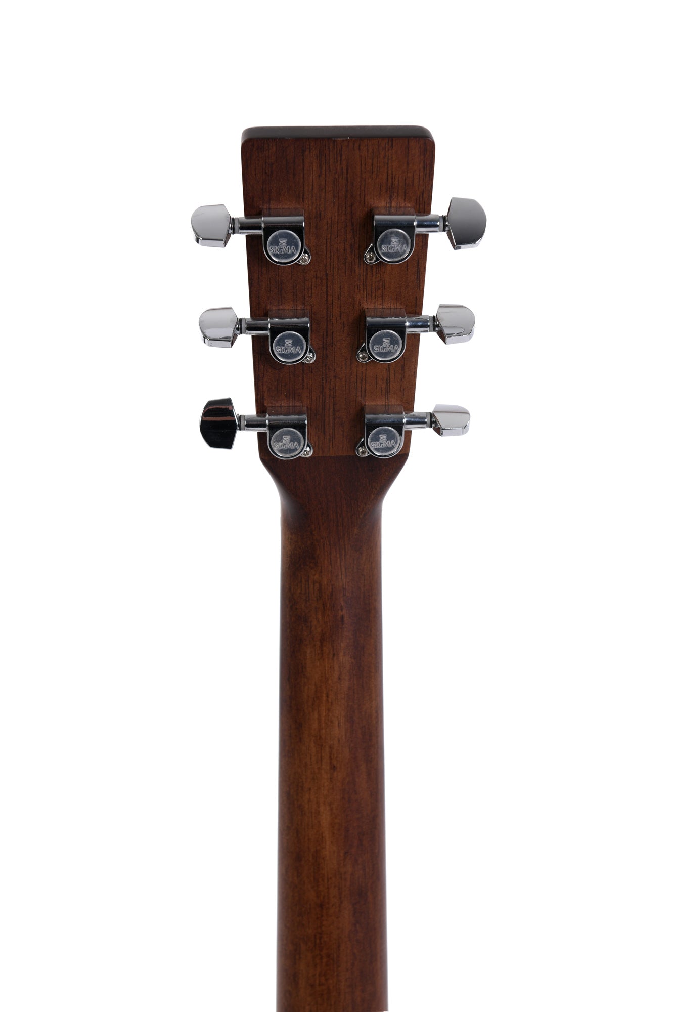 Rear view of an acoustic guitar headstock showing six chrome tuning pegs on a dark wood finish.