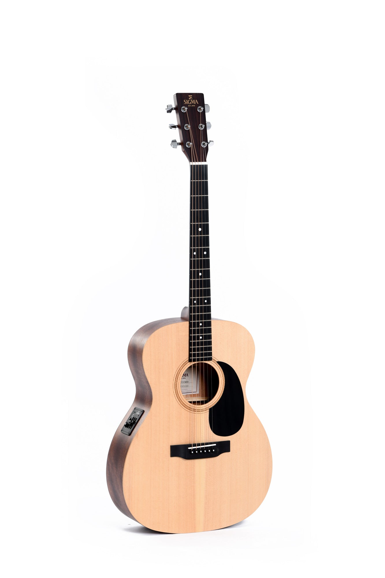 Light wood acoustic guitar with a dark pickguard, six strings, and silver tuning pegs. Controls for electronics are on the side of the body.