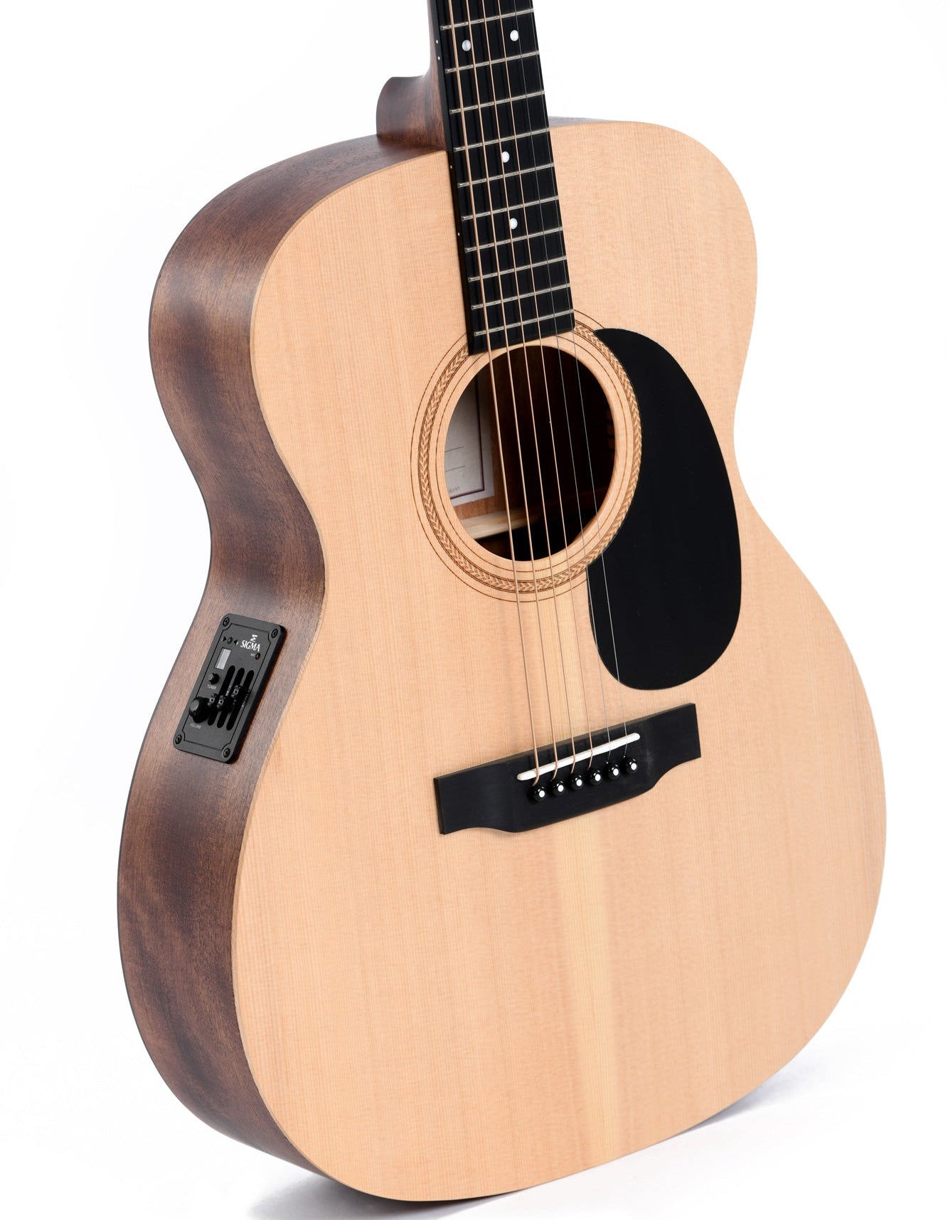 Light wood acoustic guitar with dark sides, six strings, black pickguard, and built-in electronic controls on the side.