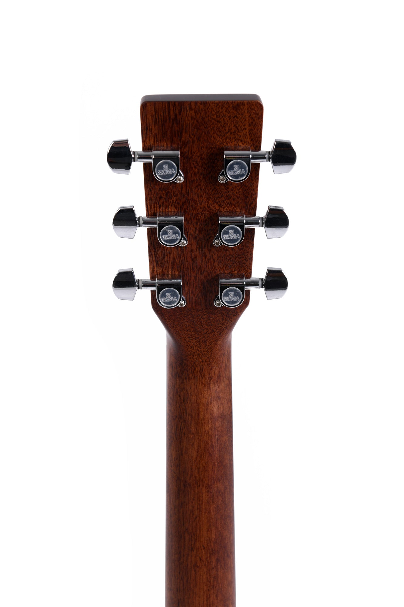 Back of an acoustic guitar headstock showing six chrome tuning pegs arranged three on each side, attached to a brown wooden neck.