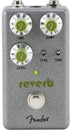Fender FX pedal with three dials labeled Time, Damp, Level; two toggle switches for Type and Tone; footswitch and green LED above the word reverb.