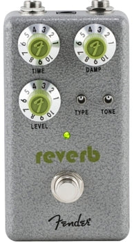 Fender FX pedal with three dials labeled Time, Damp, Level; two toggle switches for Type and Tone; footswitch and green LED above the word reverb.