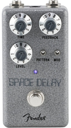 Silver Fender FX pedal labeled Space Delay, with three dials for time, feedback, and level, two toggle switches, an LED, and a footswitch.