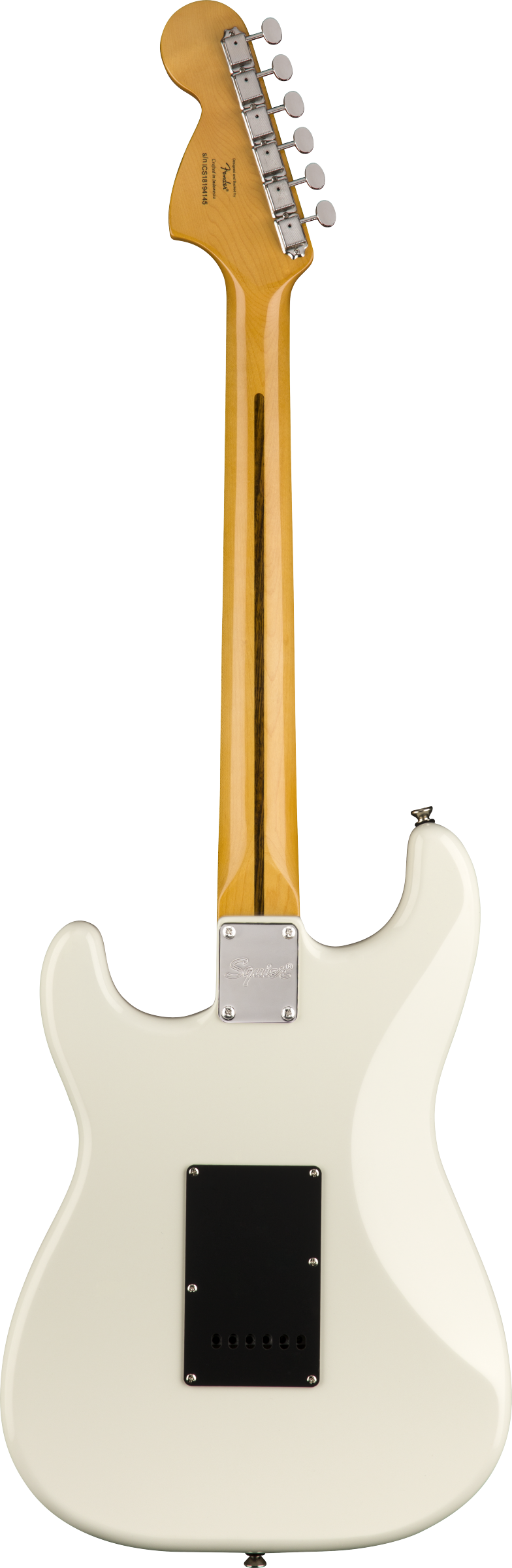 Rear view of a white electric guitar with a light wood neck, six tuning pegs, and black rectangular back plate.