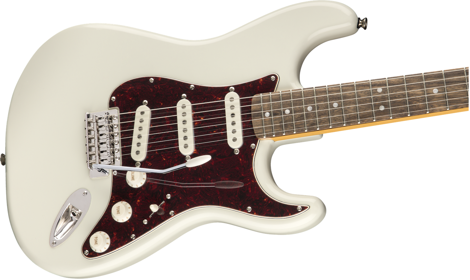 White electric guitar with a dark red pickguard, three white single-coil pickups, brown fretboard, chrome hardware, and white control knobs.