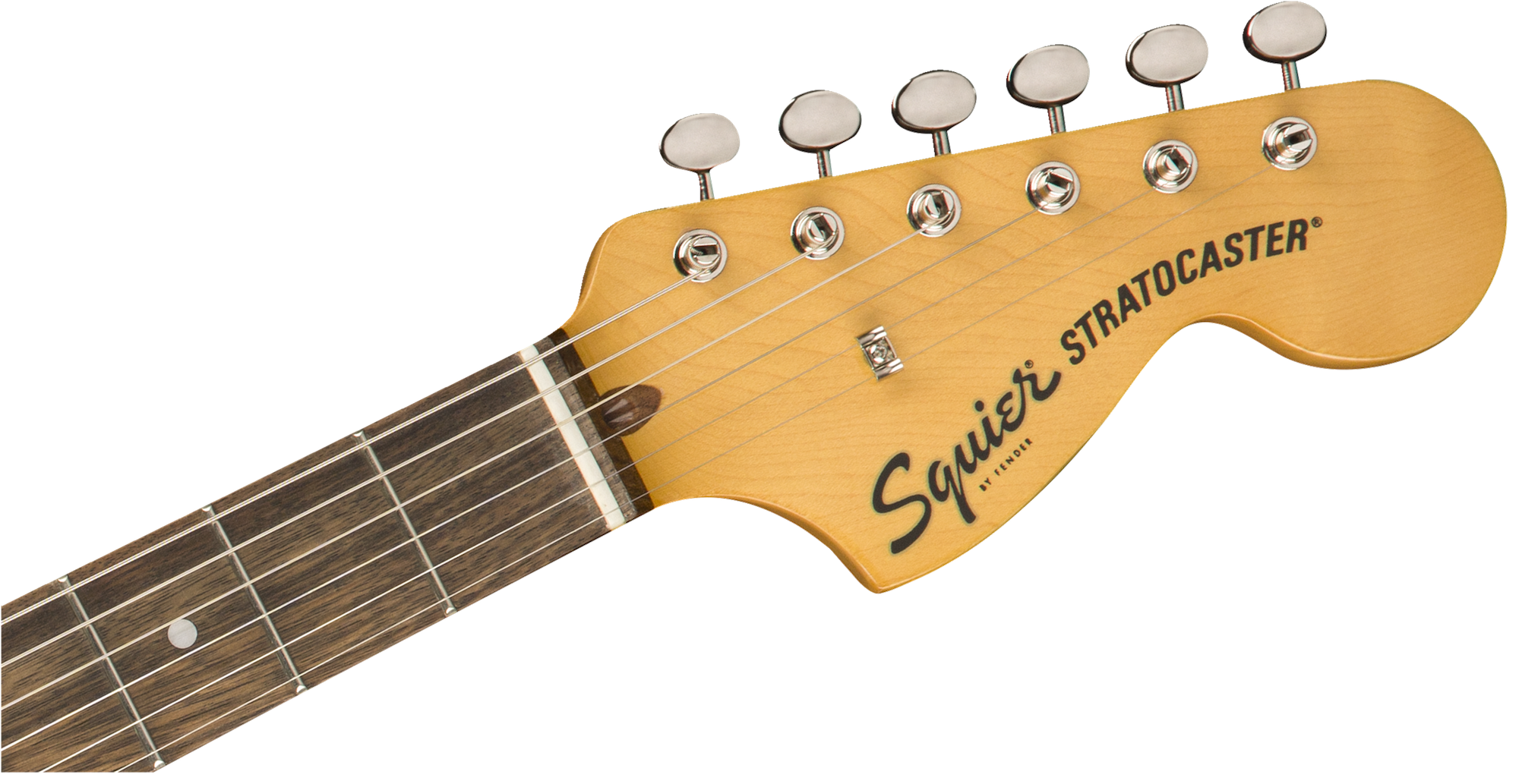 Squier Stratocaster electric guitar headstock with six tuning pegs, maple wood finish, and dark fingerboard with metal frets.