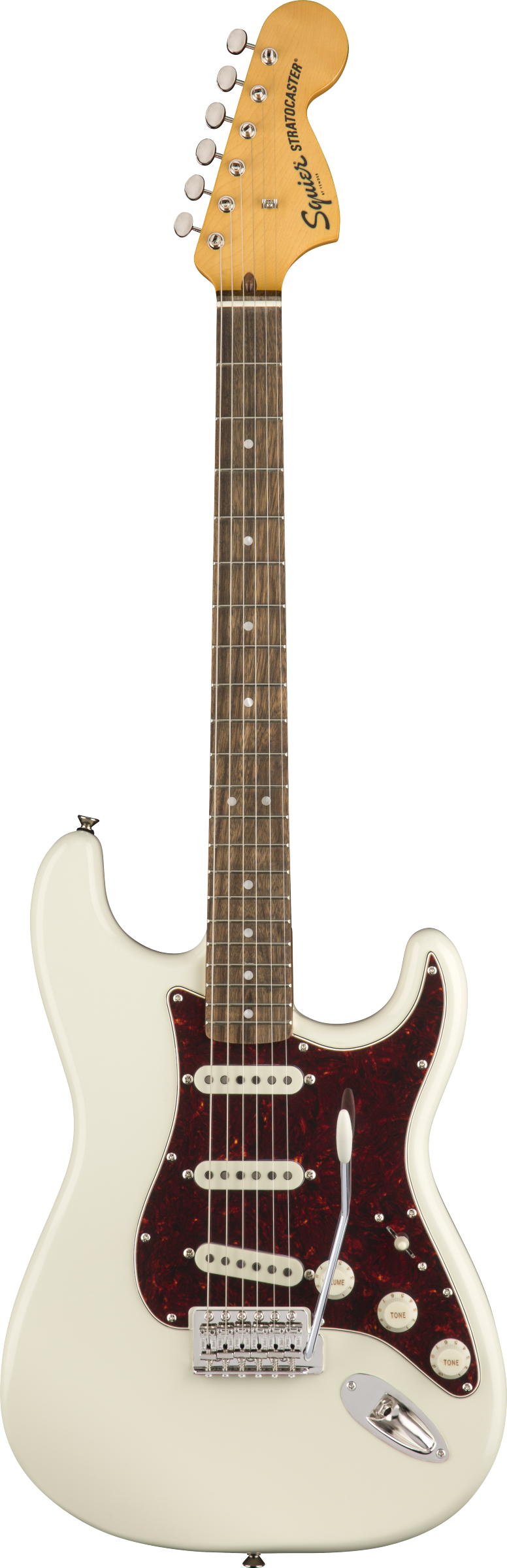 Squier Stratocaster electric guitar with a white body, brown pickguard, three single-coil pickups, and a maple neck with dot inlays.