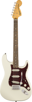 Squier Stratocaster electric guitar with a white body, brown pickguard, three single-coil pickups, and a maple neck with dot inlays.