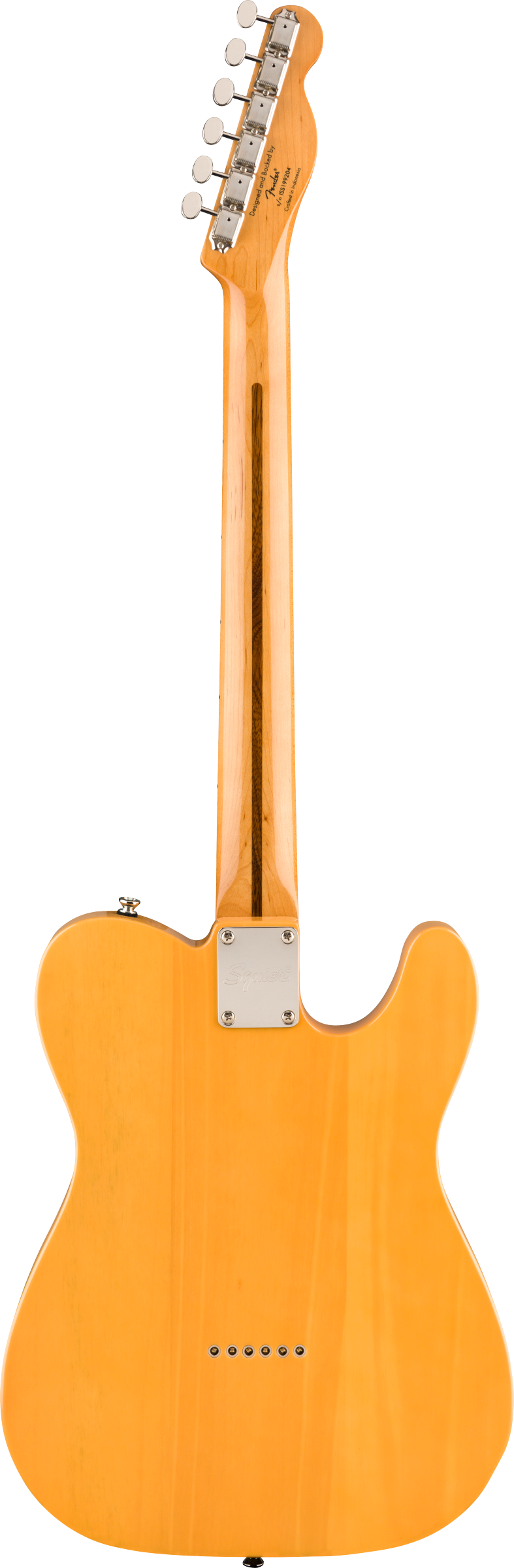 Blonde wood electric guitar viewed from the back, showing a bolt-on neck, six tuning pegs, and string holes on the body.