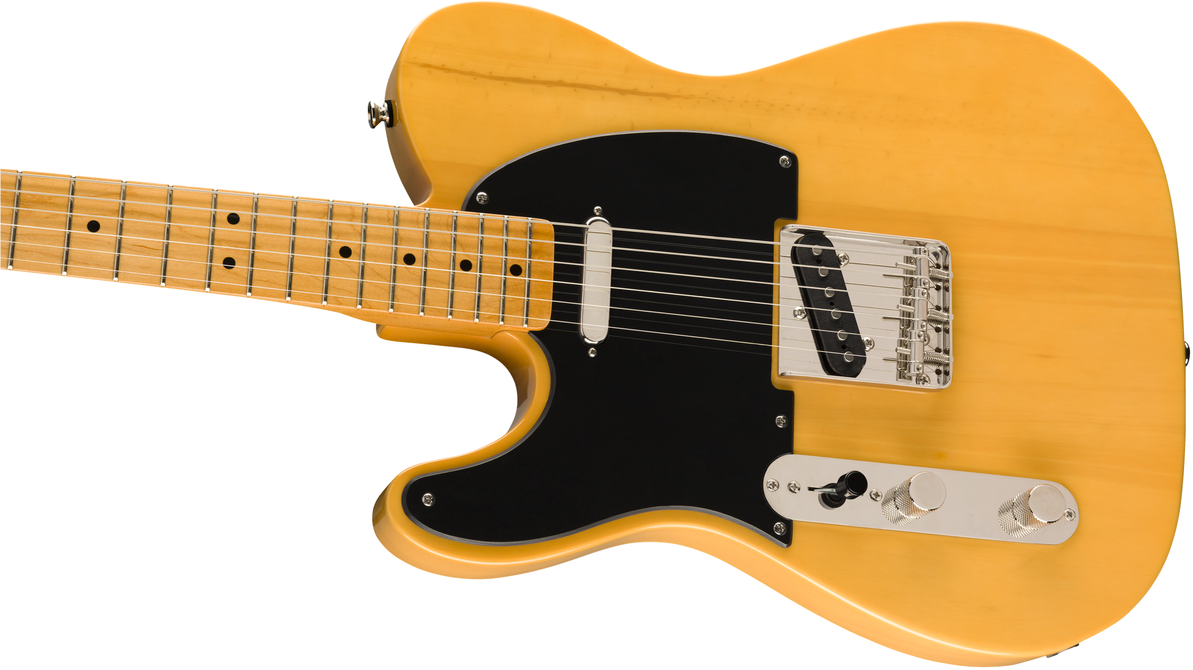 Yellow electric guitar with a black pickguard, chrome bridge, two pickups, two control knobs, and a maple neck with black position dots.