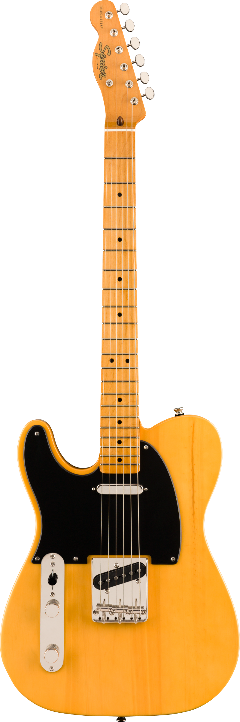 Yellow Squier Telecaster electric guitar with a black pickguard, two single-coil pickups, chrome control plate, and maple neck and fretboard.