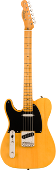 Yellow Squier Telecaster electric guitar with a black pickguard, two single-coil pickups, chrome control plate, and maple neck and fretboard.