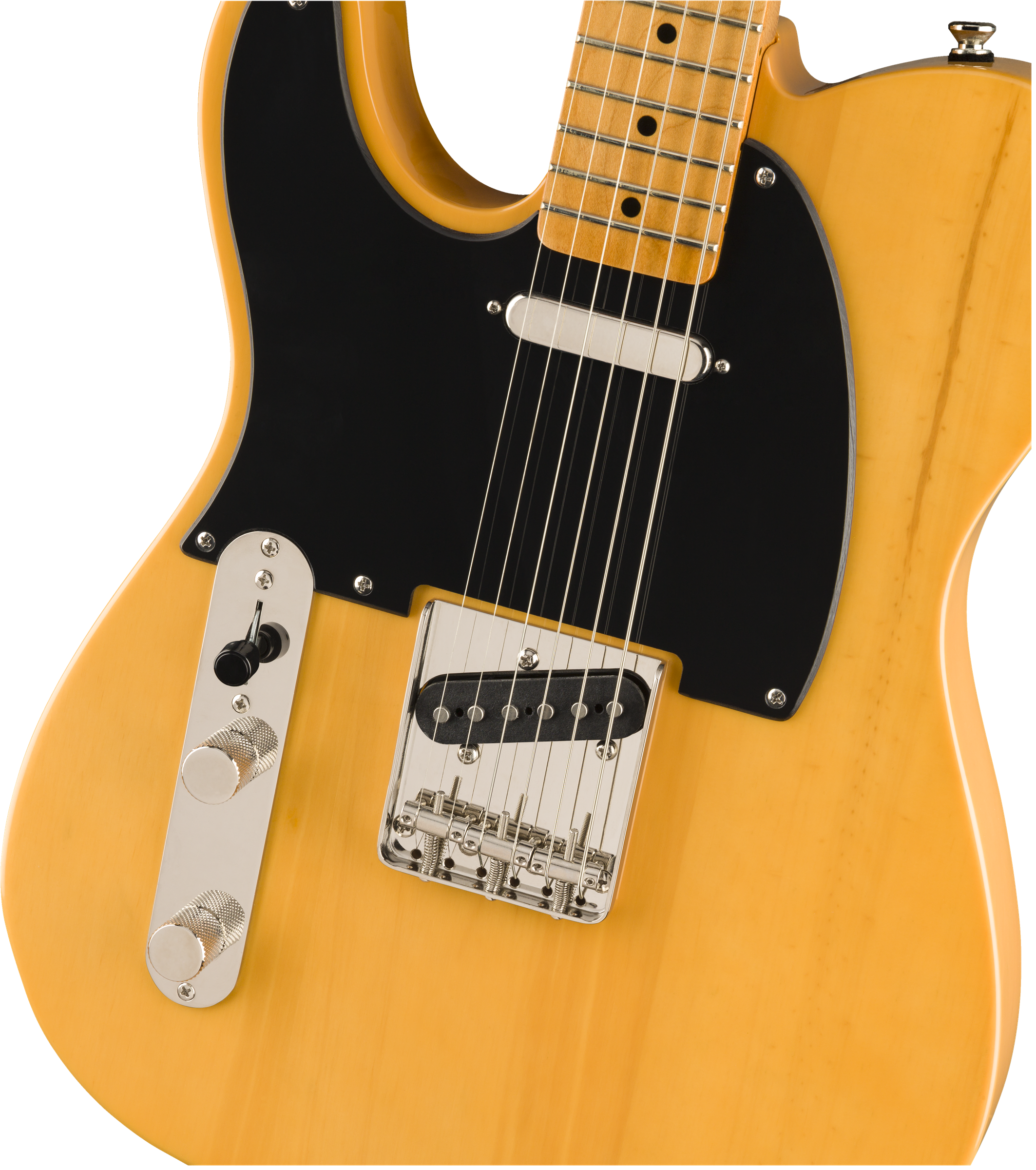 Yellow electric guitar body with black pickguard, two silver control knobs, a switch, and two pickups; maple fretboard visible at top.