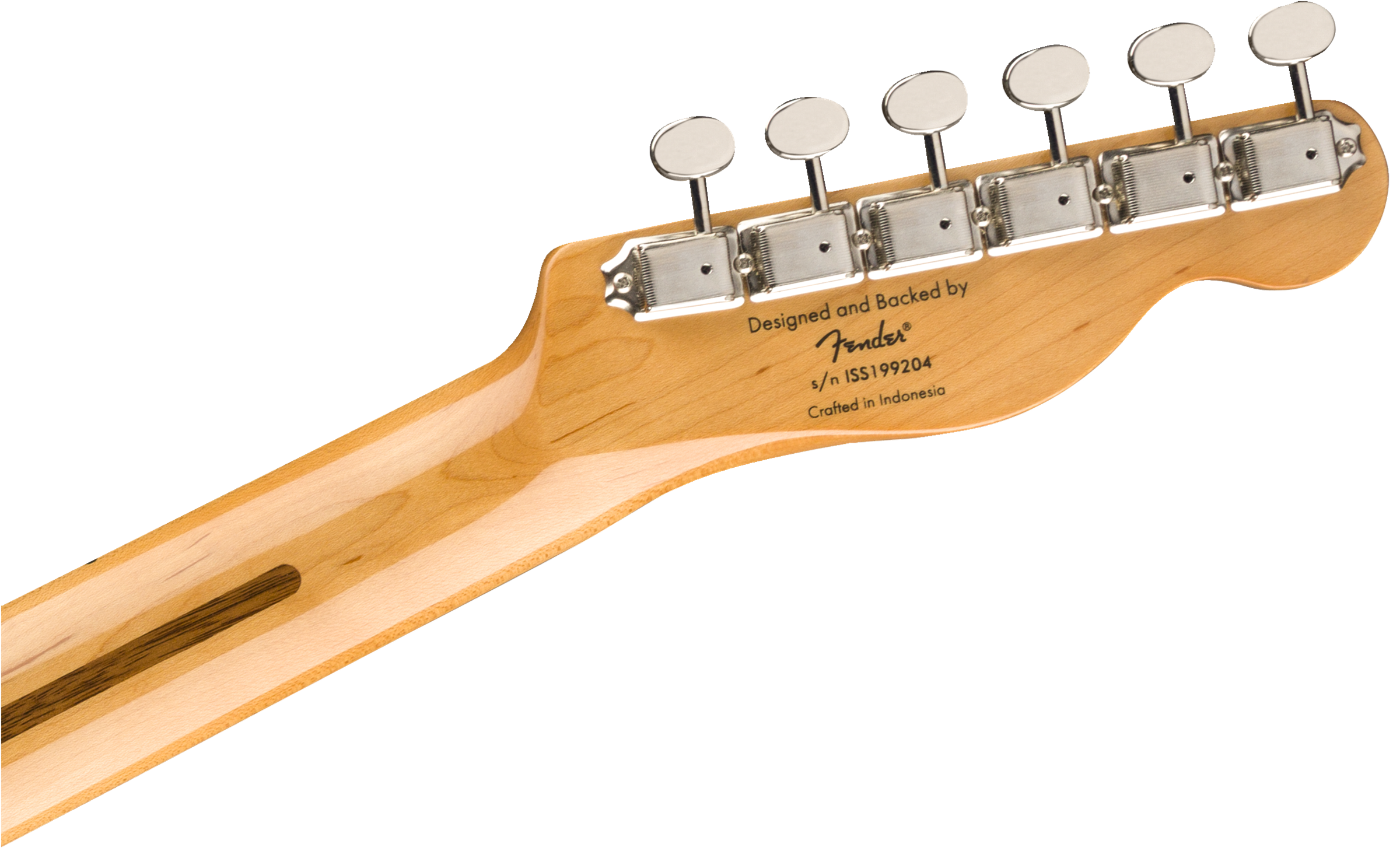 Back of a Fender electric guitar headstock in natural wood, showing six chrome tuning pegs and product details printed near the tuners.