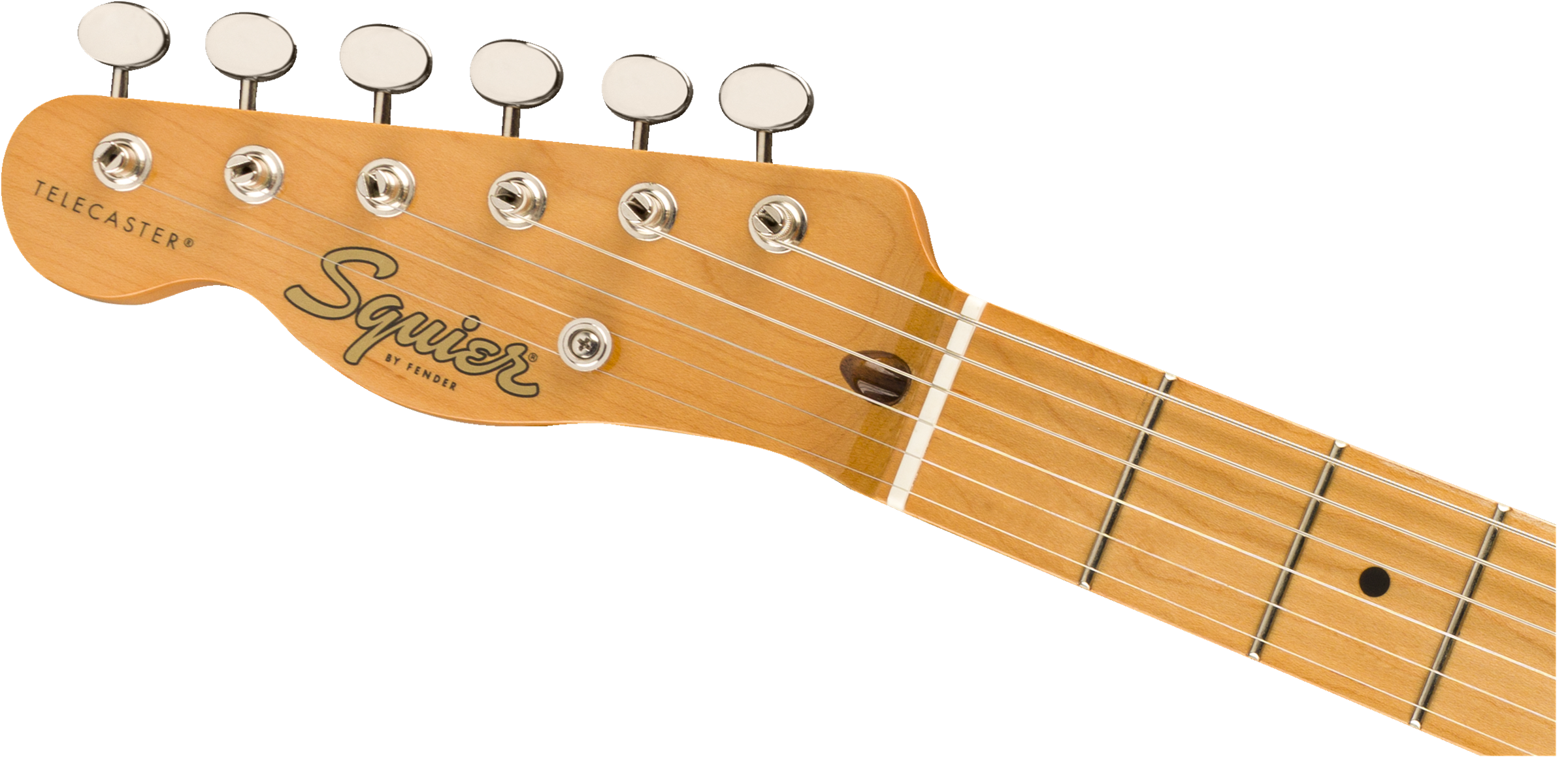 Light wood Squier by Fender Telecaster electric guitar headstock with six tuning pegs, six strings, and logo.