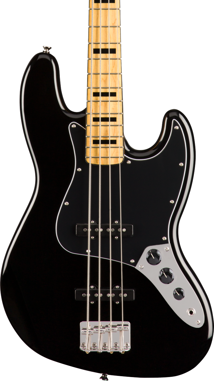 Glossy black electric bass guitar with four strings, chrome bridge, three control knobs, and a light wood neck featuring rectangular black inlays.
