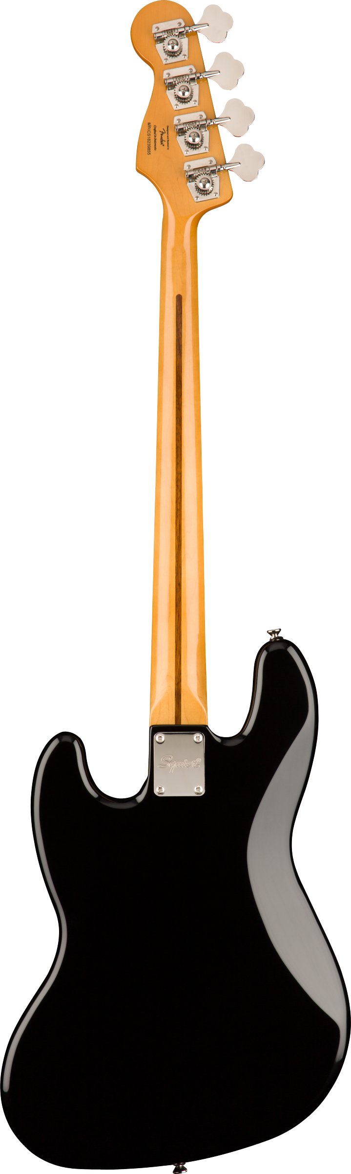 Black-bodied bass guitar shown from the back, with a natural wood neck, four tuning pegs, and a metal neck plate engraved with "Squier."