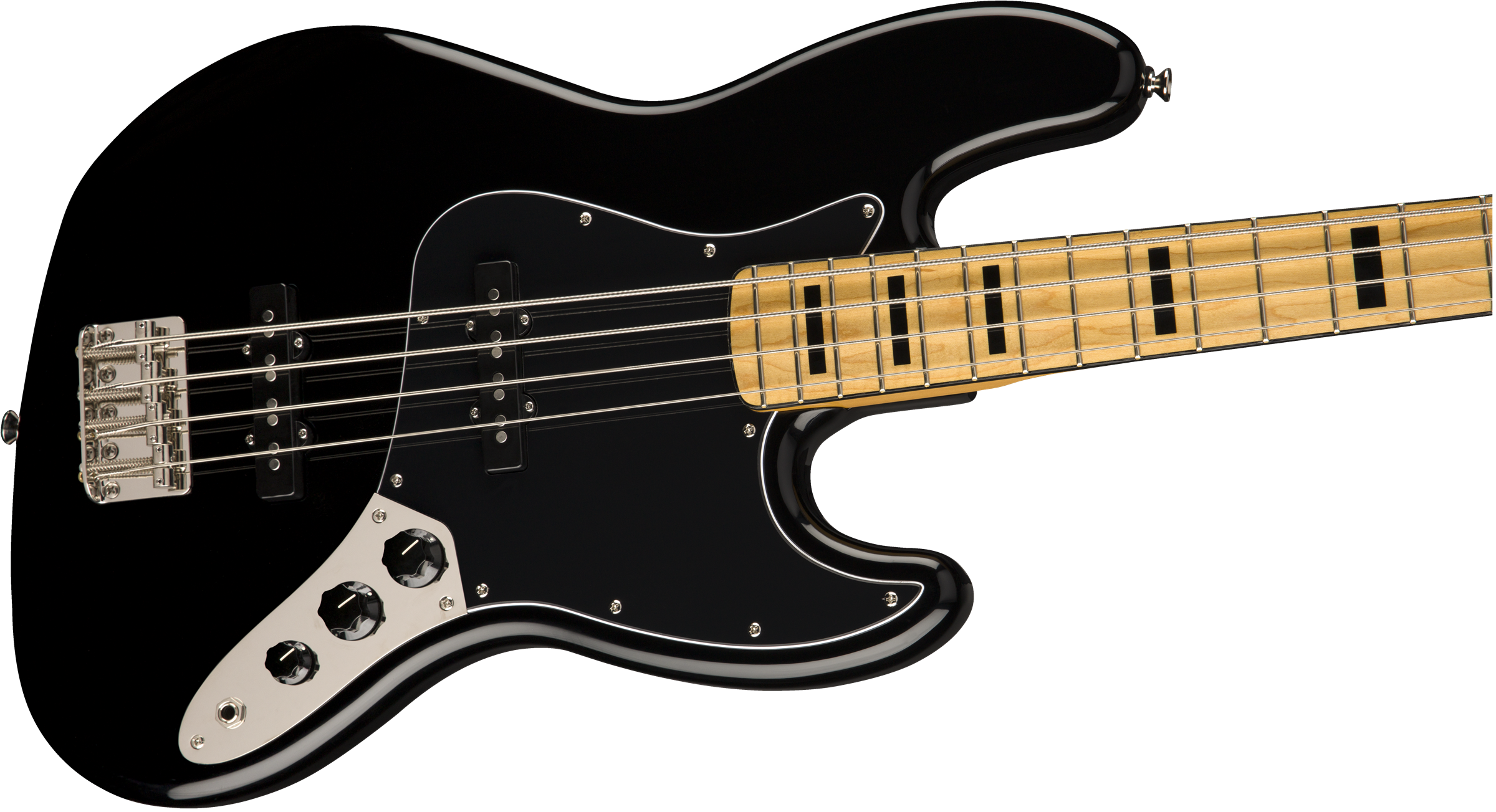 Glossy black bass guitar with a light wood neck, black rectangular fret markers, four strings, and three control knobs on a chrome plate.