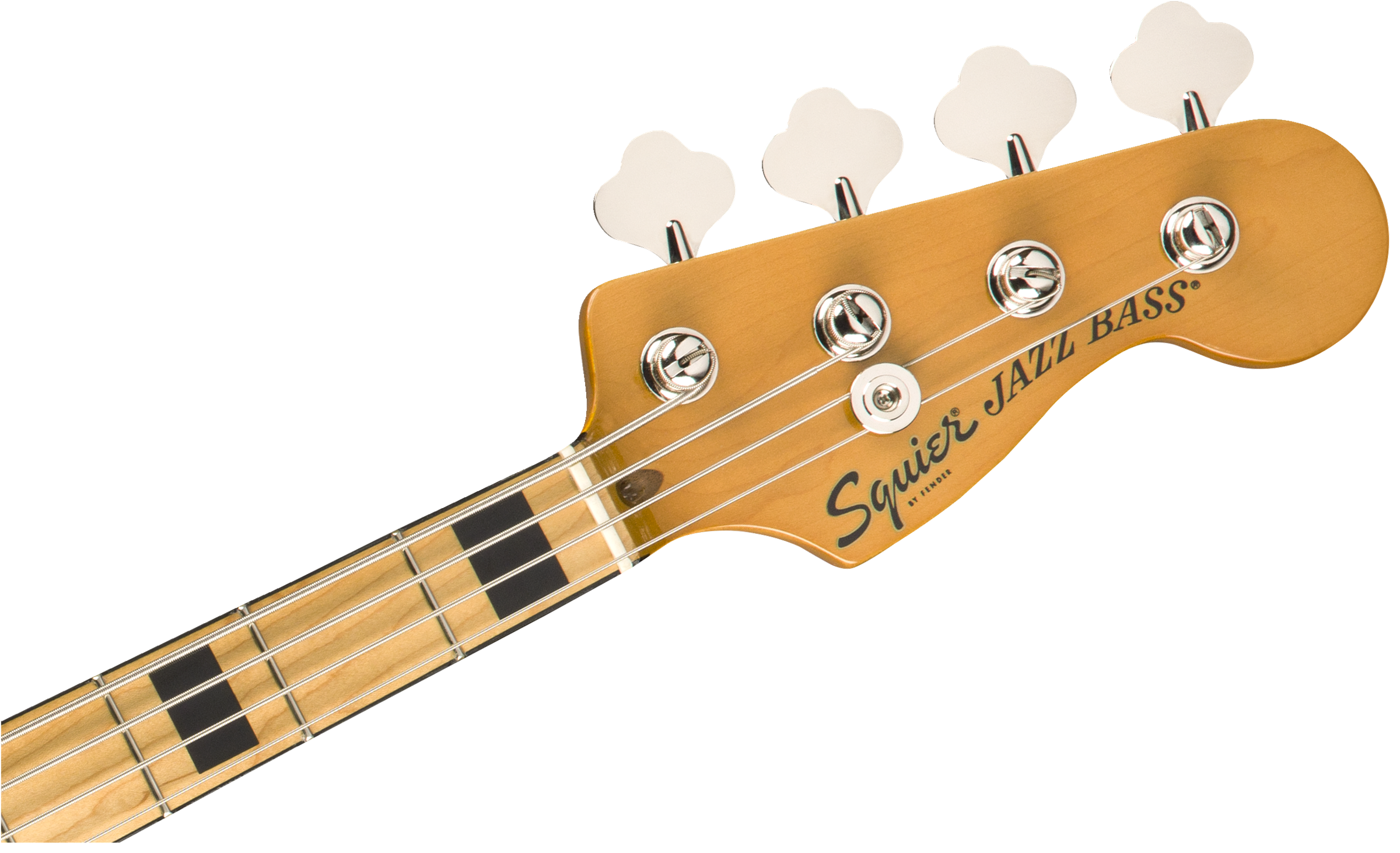Headstock of a Squier Jazz Bass guitar with four metal tuning pegs and “Squier JAZZ BASS” text in black on a natural wood finish.