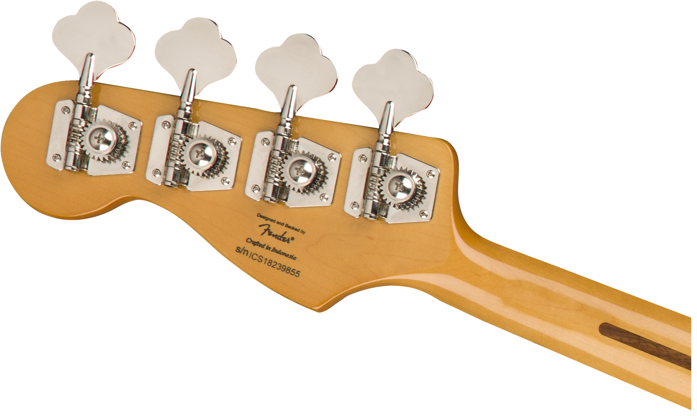Four chrome tuning pegs on a light wood Fender bass guitar headstock, with a serial number and “Crafted in Indonesia” text.