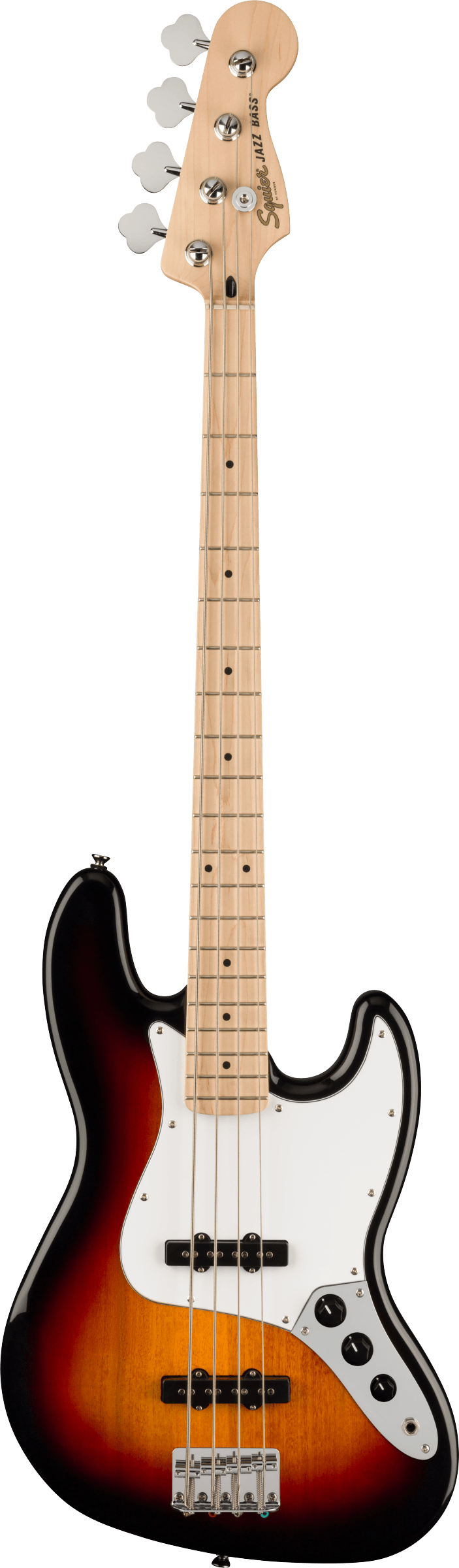 Four-string electric bass with a sunburst finish, white pickguard, two black pickups, chrome bridge, three control knobs, and maple neck.