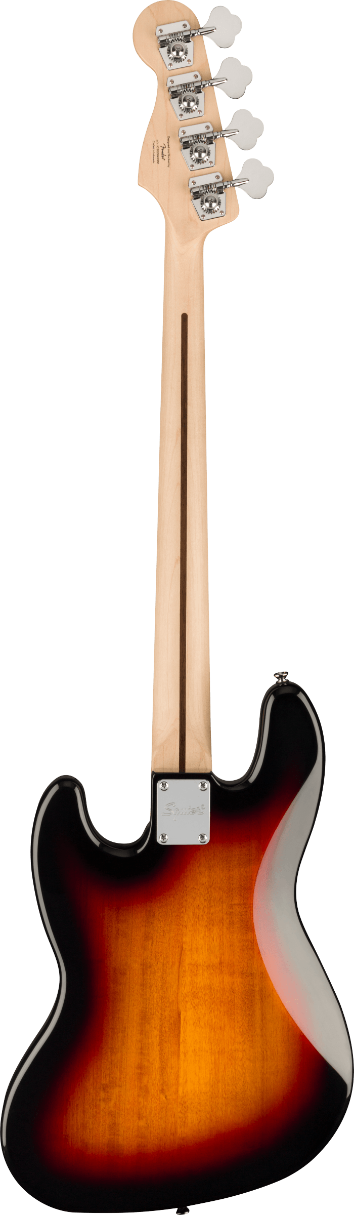 Electric bass guitar viewed from the back, sunburst finish on the body, light wood neck with four large tuning pegs on the headstock.