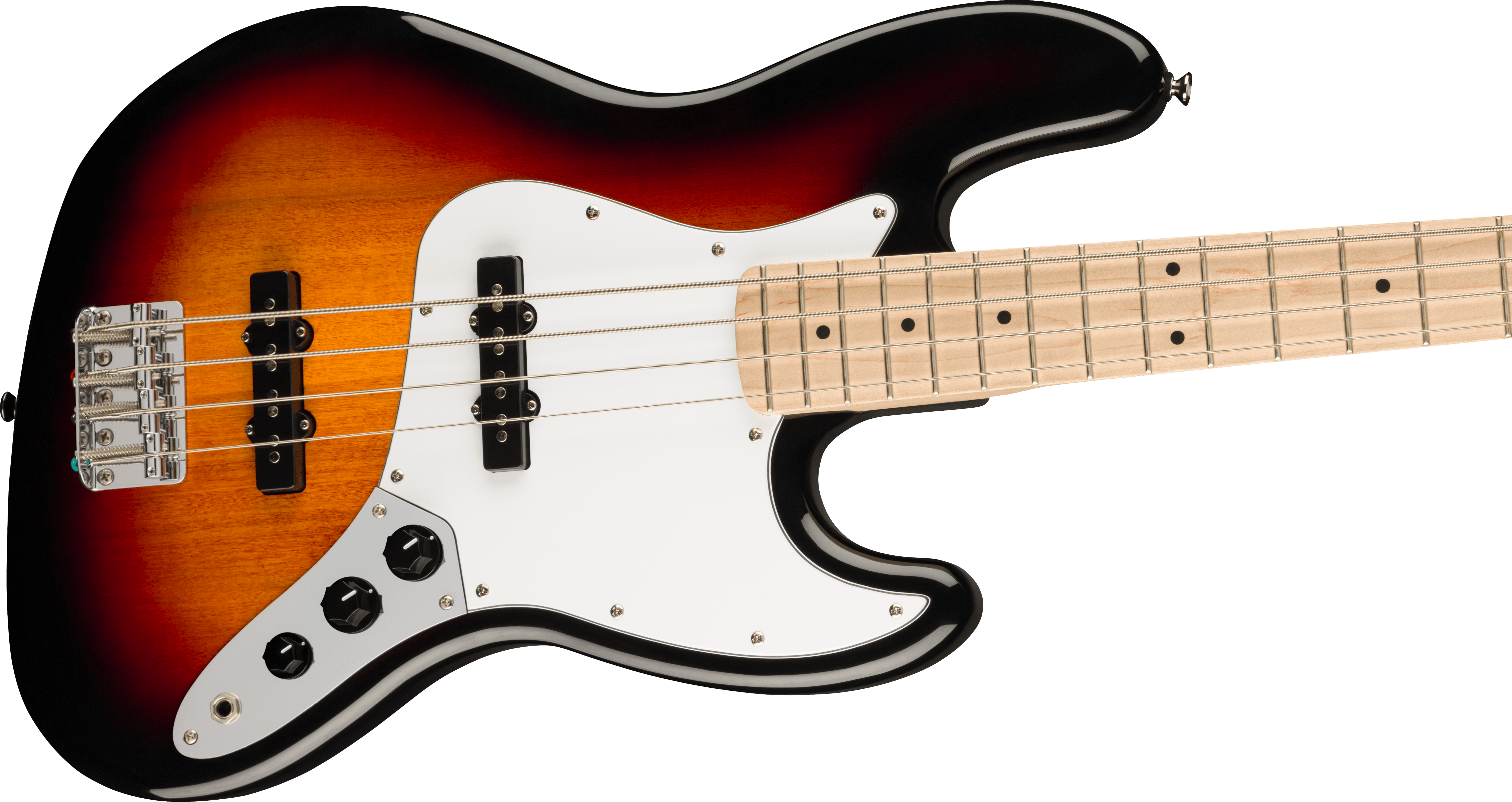 Electric bass with a sunburst finish, white pickguard, four strings, chrome hardware, and a light-colored fretboard with black dot inlays.