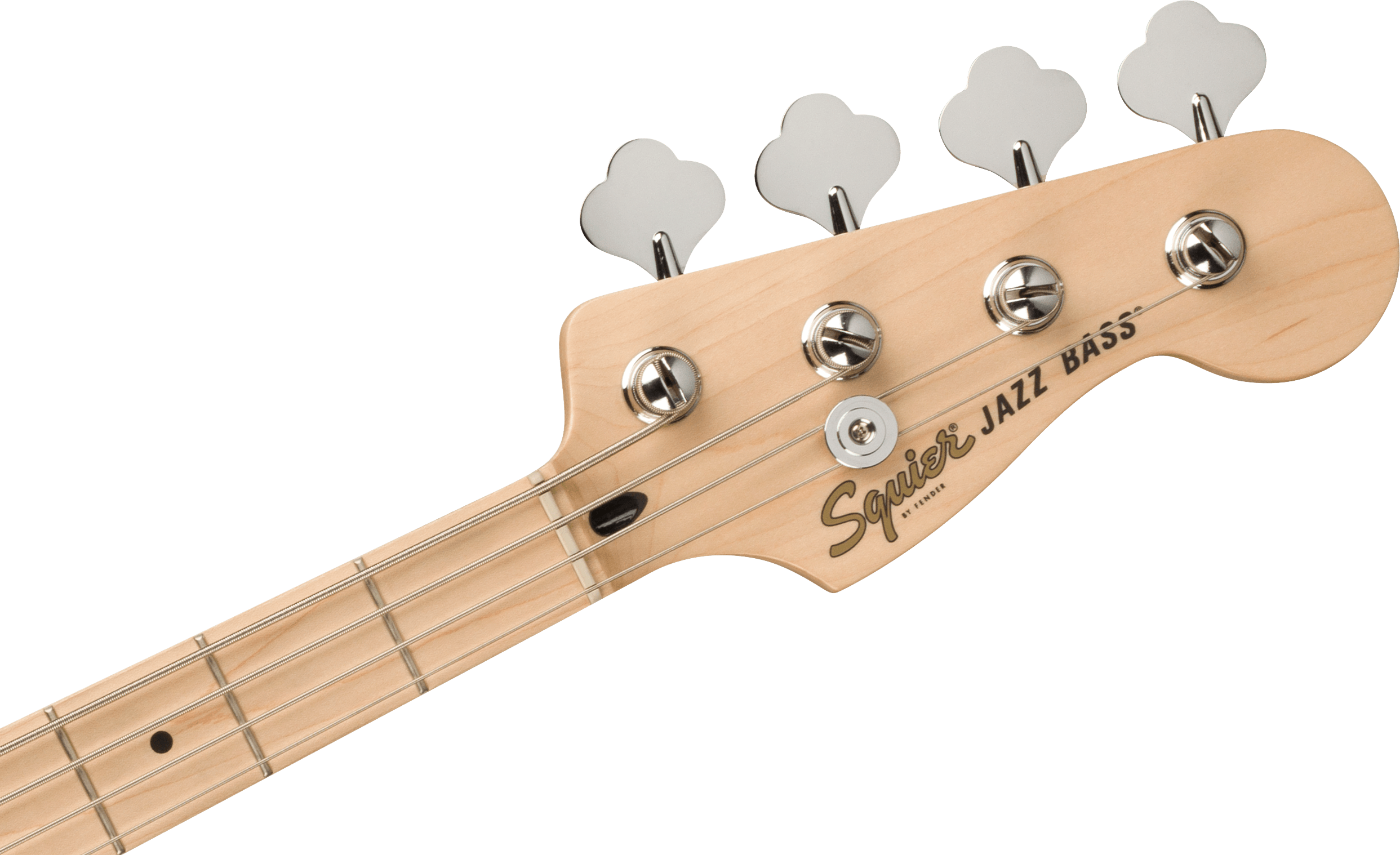 Maple neck and headstock of a Squier Jazz Bass electric bass guitar, showing four tuning pegs and black fretboard dots.