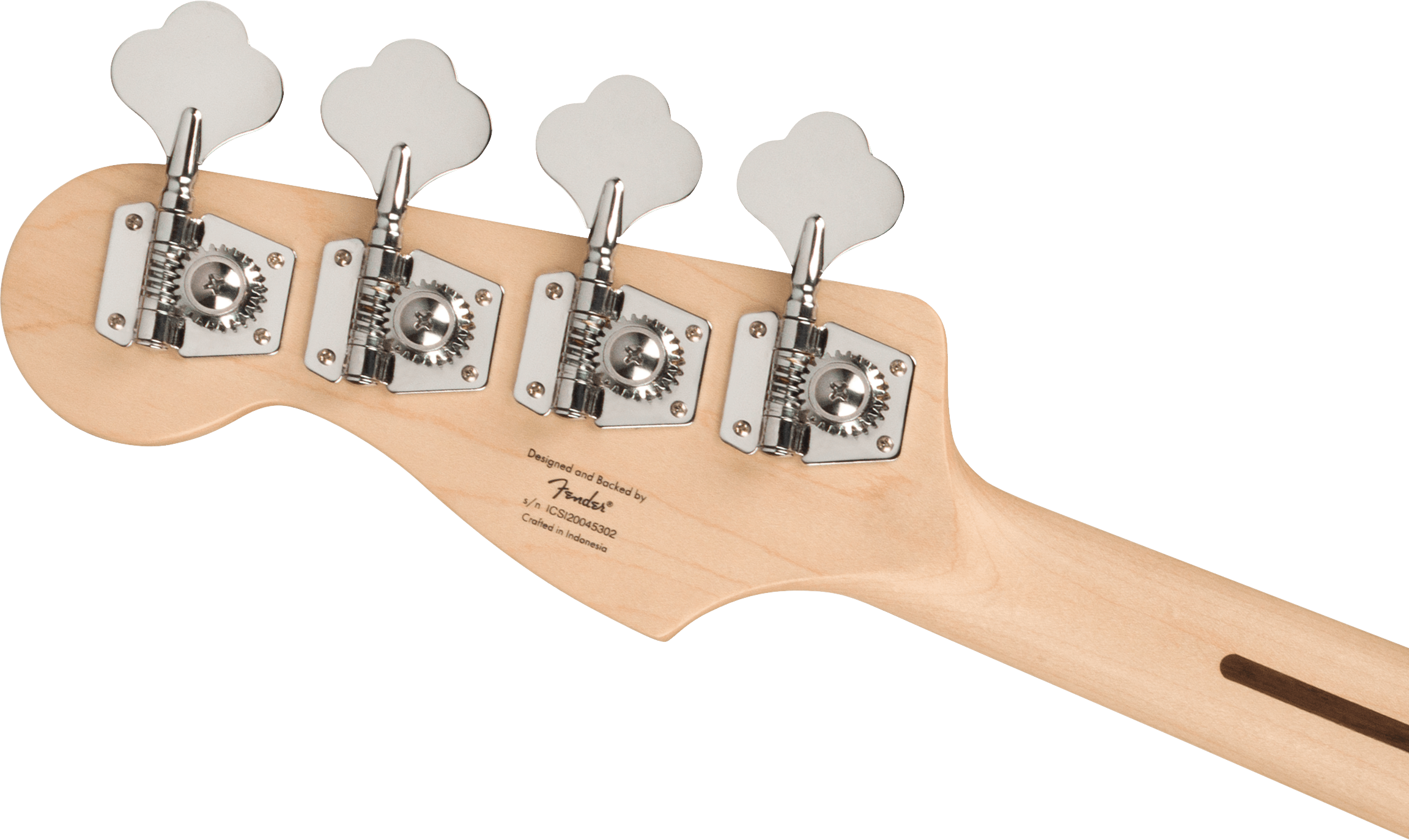Natural wood electric bass headstock with four large silver tuning pegs and visible machine heads, labeled Fender, crafted in Indonesia.