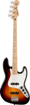 Four-string electric bass with a sunburst finish, white pickguard, two black pickups, chrome bridge, three control knobs, and maple neck.