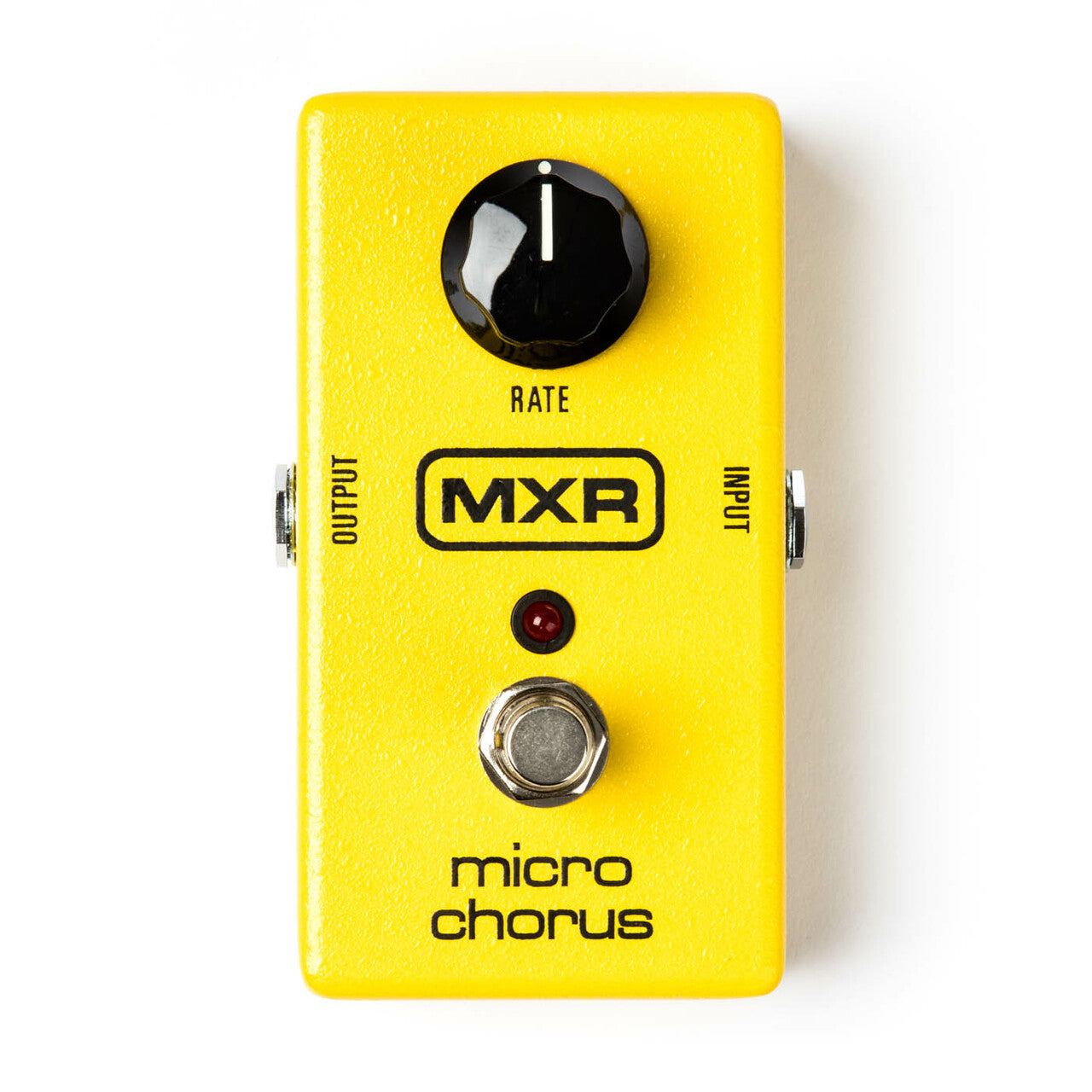 Bright yellow MXR Micro Chorus effects pedal with one large black “Rate” knob, input and output jacks, a red LED, and a footswitch.
