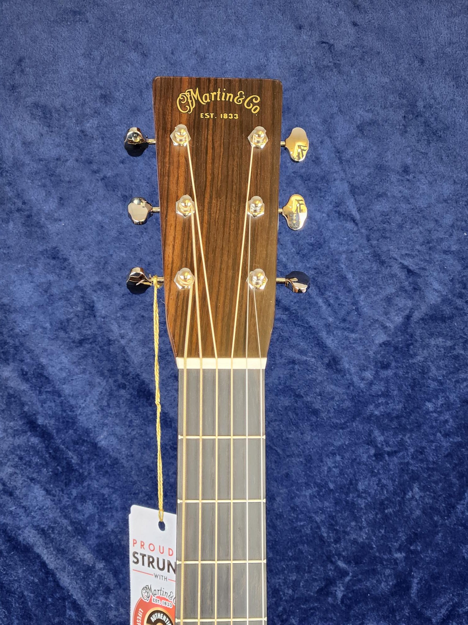 The headstock of a Martin & Co acoustic guitar with six gold tuning pegs, logo, and a tag hanging from one tuning peg against a blue background.