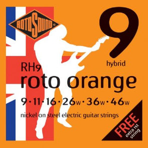 Rotosound RH9 roto orange hybrid electric guitar strings, gauges 9-46, nickel on steel, UK flag background, includes free extra 1st string.