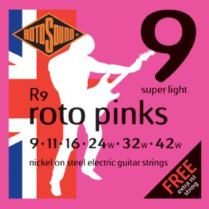Rotosound R9 super light electric guitar strings, nickel on steel, sizes 9–42, pink packaging with a silhouette of a guitarist and a British flag.