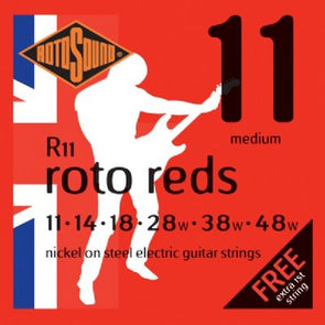 Rotosound Roto Reds electric guitar strings, medium gauge 11-48, nickel on steel, package shows a silhouette guitarist and a UK flag background.