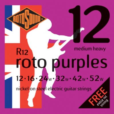 Rotosound R12 roto purples medium heavy nickel on steel electric guitar strings, gauges 12-16-24-32-42-52w, includes free extra 1st string.