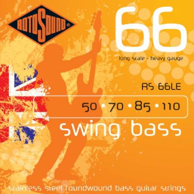 Rotosound Swing Bass 66 long scale heavy gauge stainless steel bass guitar strings, gauges 50, 70, 85, 110, orange background with a bassist silhouette.