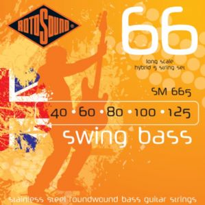 Orange Rotosound 66 Swing Bass stainless steel roundwound bass guitar strings, gauges 40 60 80 100 125, features a player silhouette and UK flag.